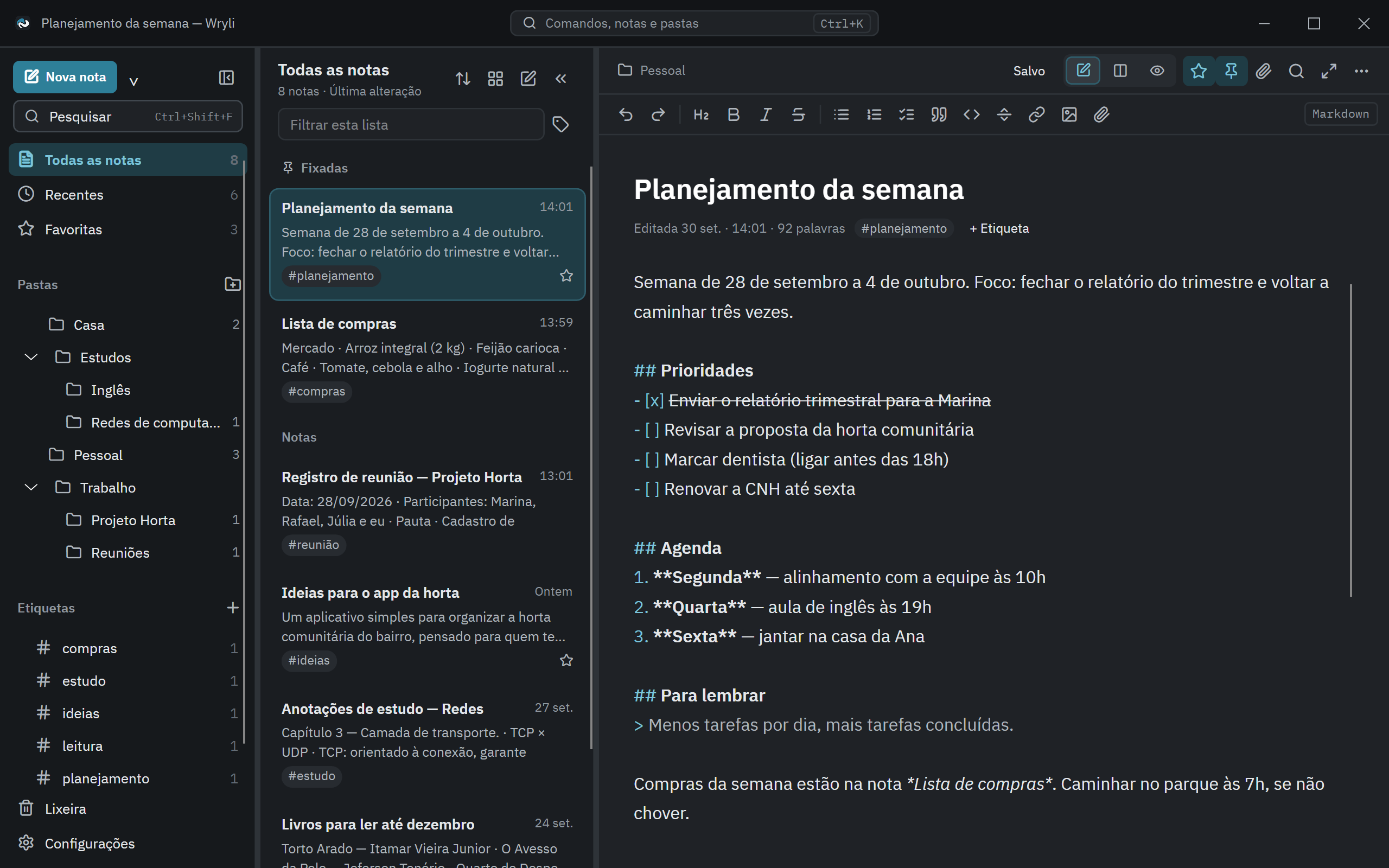 Captura real do Wryli: pastas, lista de notas e editor Markdown no tema escuro