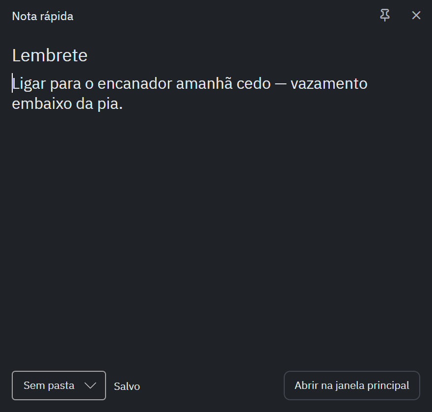 Janela real de nota rápida do Wryli, com um lembrete escrito