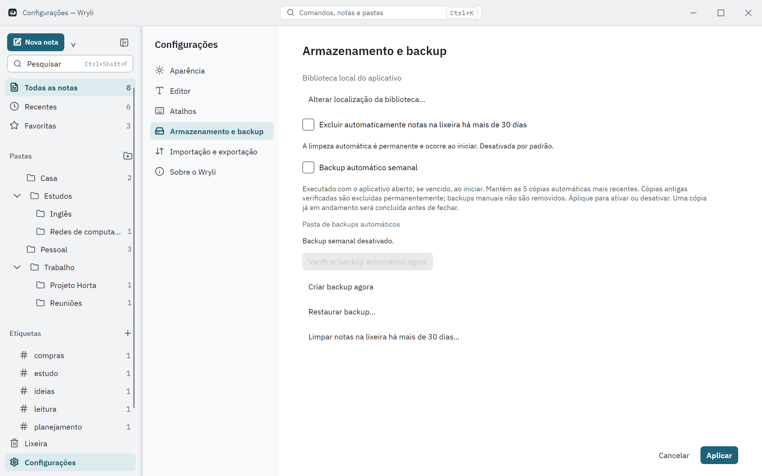 Tela real de configurações do Wryli, com rótulos genéricos para biblioteca e backup