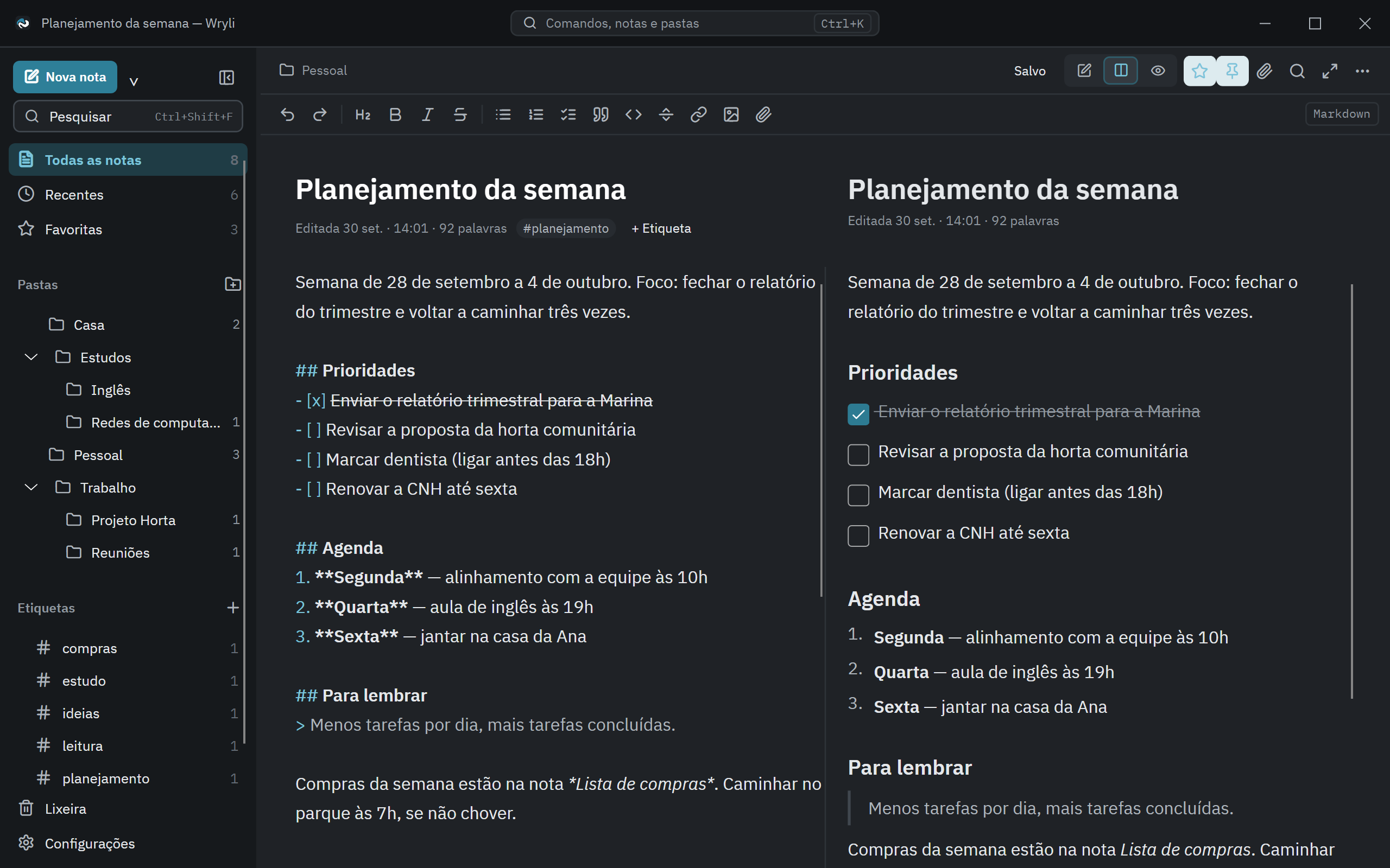 Modo Dividir real do Wryli, com editor e visualização lado a lado